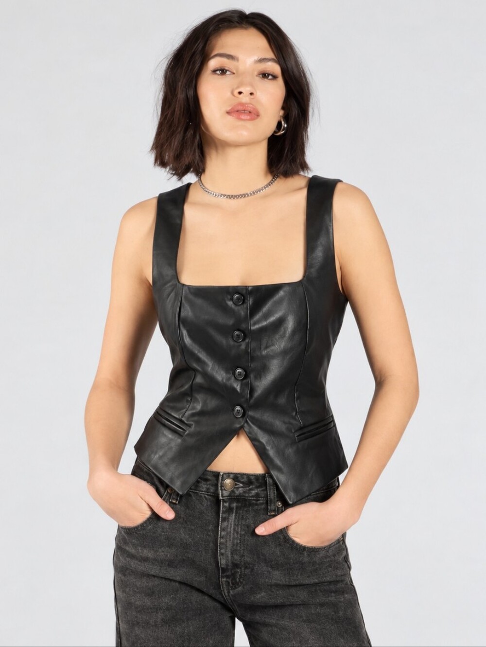 Sexy Black Faux Leather Corset Vest Top Pointed Hem Size M